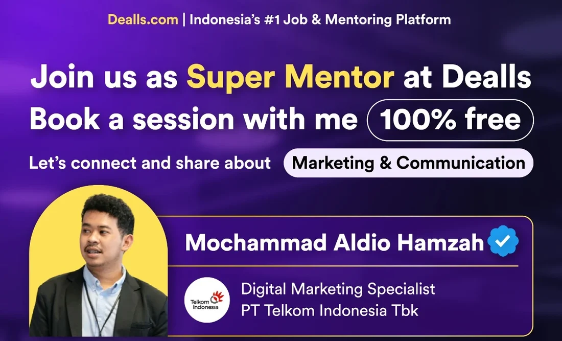 Official Dealls Super Mentor announcement featuring Mochammad Aldio Hamzah, Marketing & Communication mentor